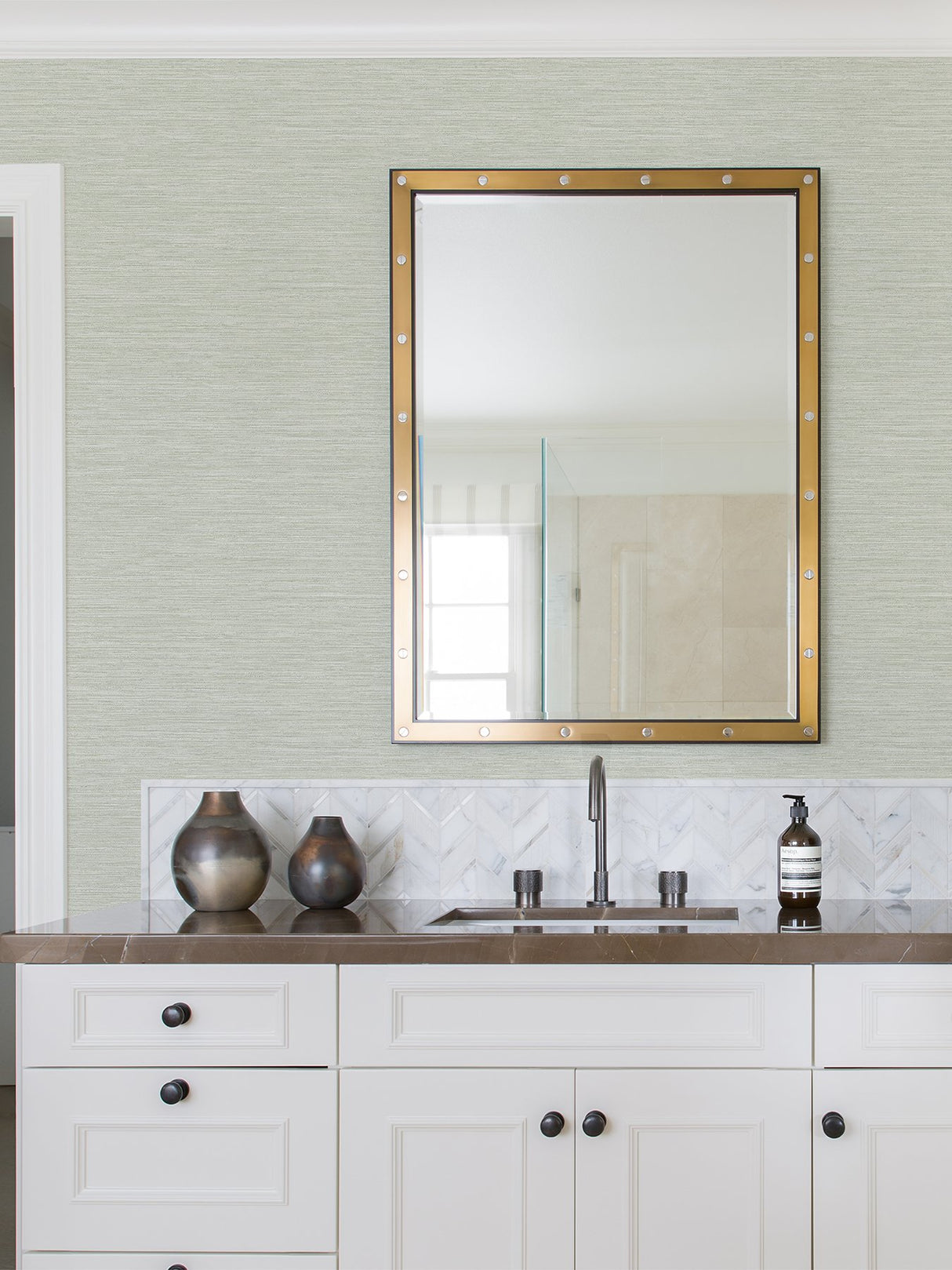 Cantor Light Green Faux Grasscloth Wallpaper with Raised Ink Texture - Advantage 4025-82536