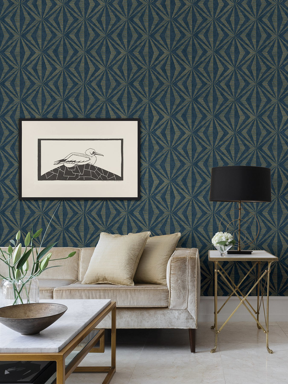 Monge Blue Geometric Wallpaper with Metallic Raised Ink Art Deco Pattern - Advantage 4025-82552