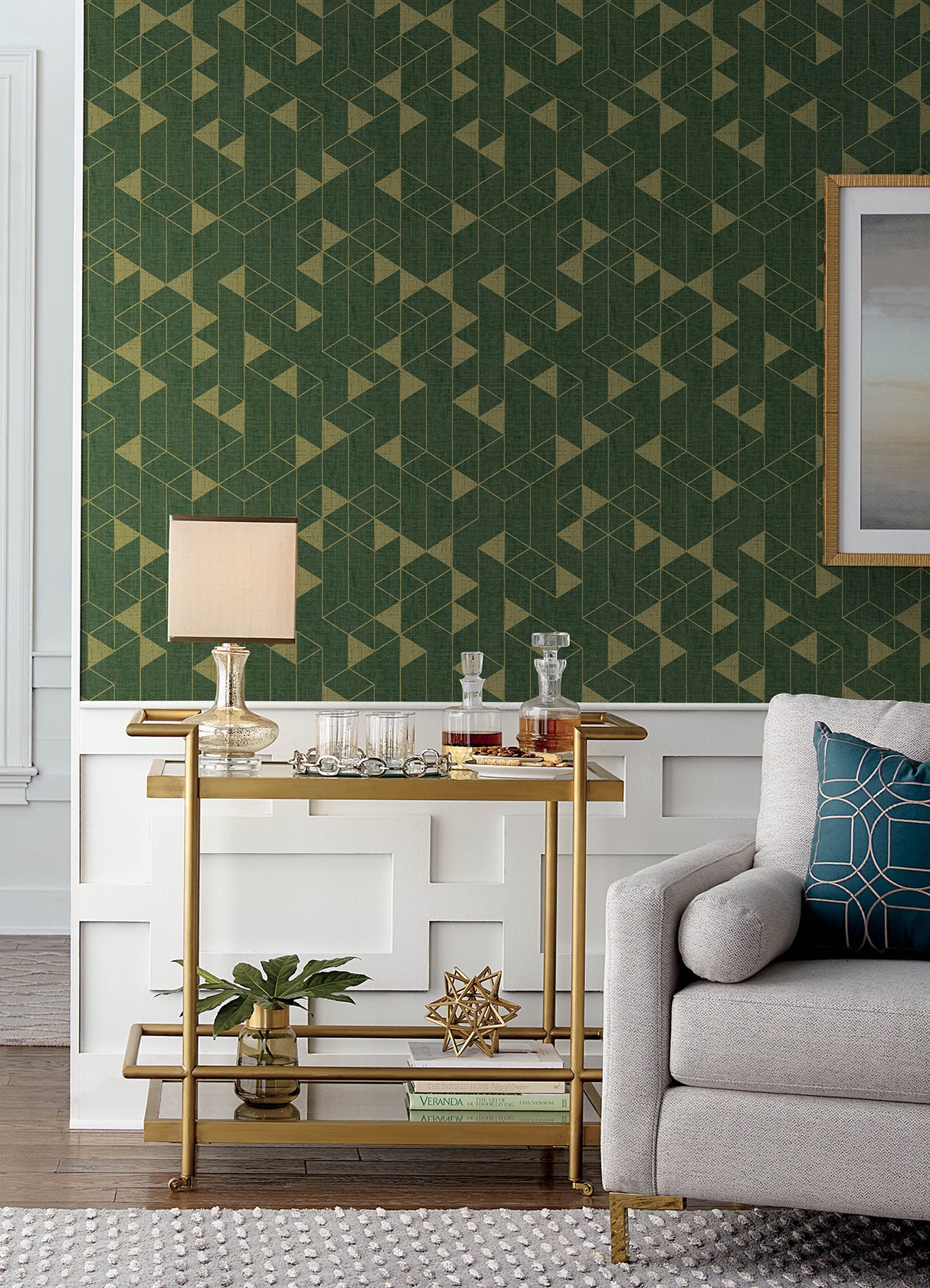 Fairbank Evergreen Linen Geometric Wallpaper by A-Street Prints Deep Green Gold Metallic Modern Non Woven Unpasted Washable Sidewall FD26774