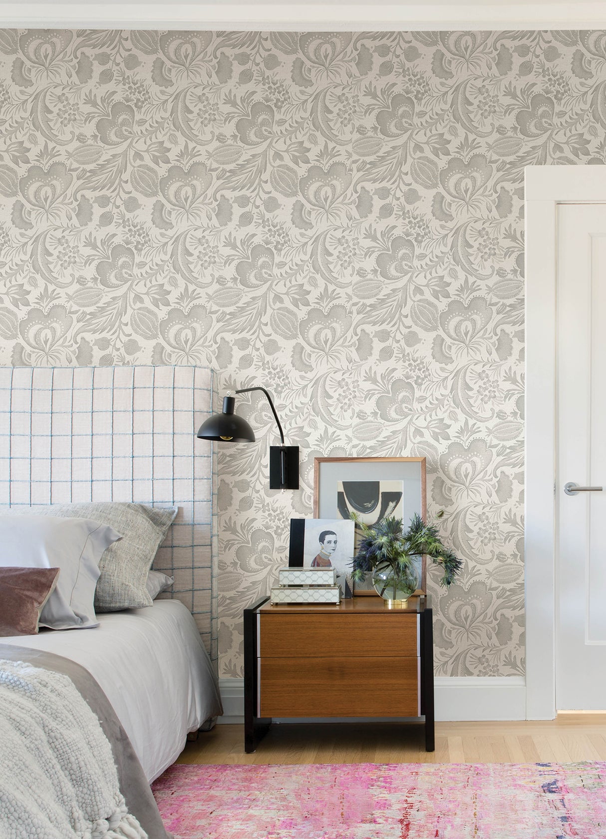 Culver Grey Large-Scale Jacobean Botanical Floral and Leaf Scroll Non Woven Strippable Wallpaper by A-Street Prints Scott Living - FD26780