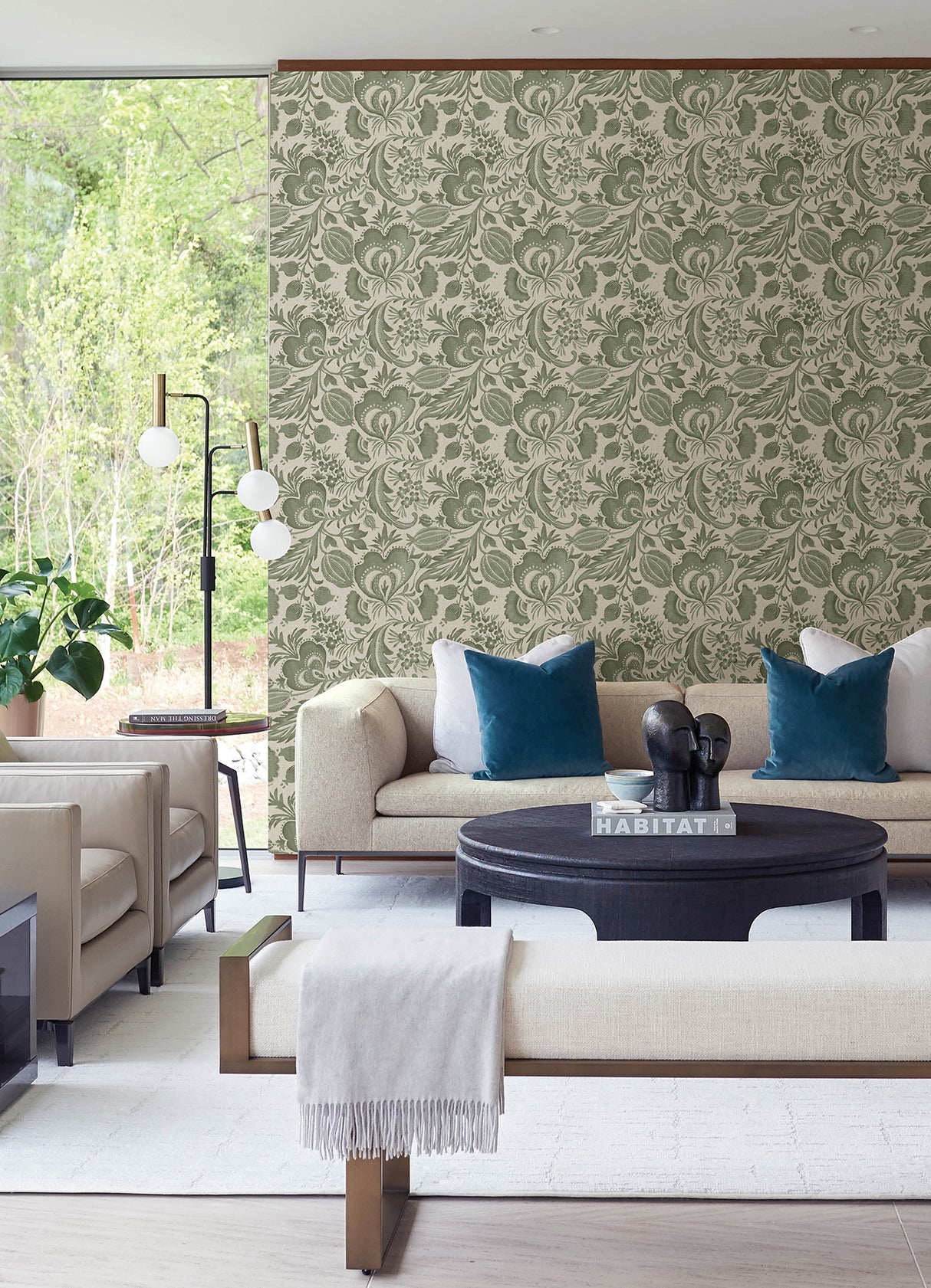 Culver Moss Green by A-Street Prints Jacobean Botanical Wallpaper with Leafy Scrolls and Floral Accents on Faux Linen Non Woven Unpasted - FD26783