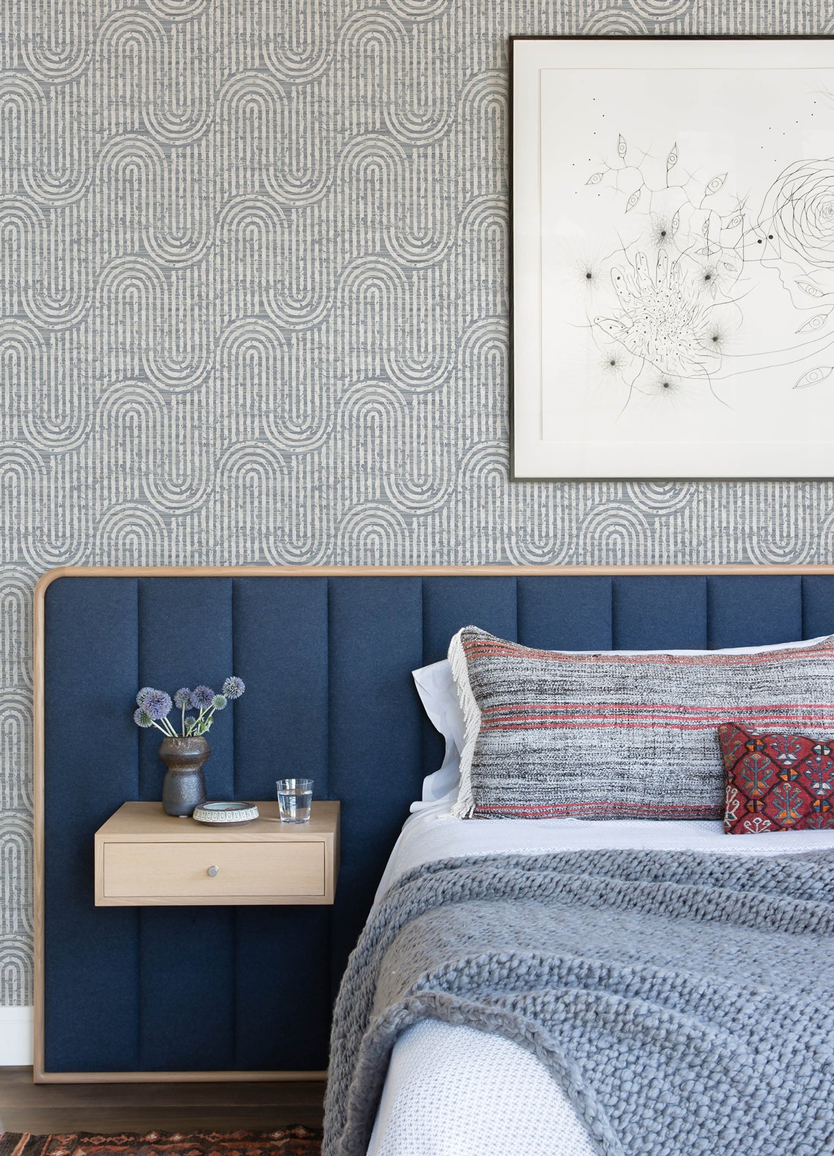 Trippet Blue Zen Waves Modern Geometric Faux Grasscloth Unpasted Non Woven Washable Strippable Wallpaper by A-Street Prints - FD26788