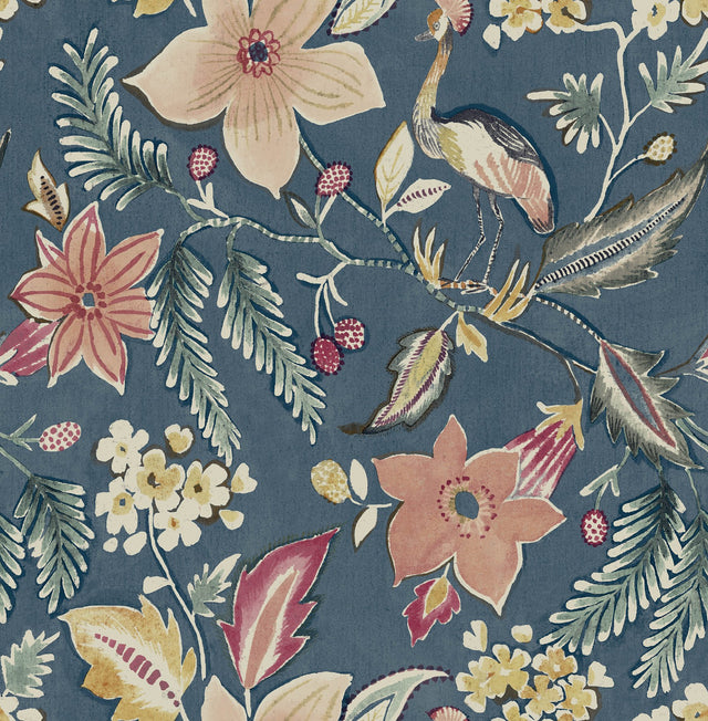 Crestwood Blue Crowned Crane Wallpaper with Modern Botanical Birds Motif - 4034-26790