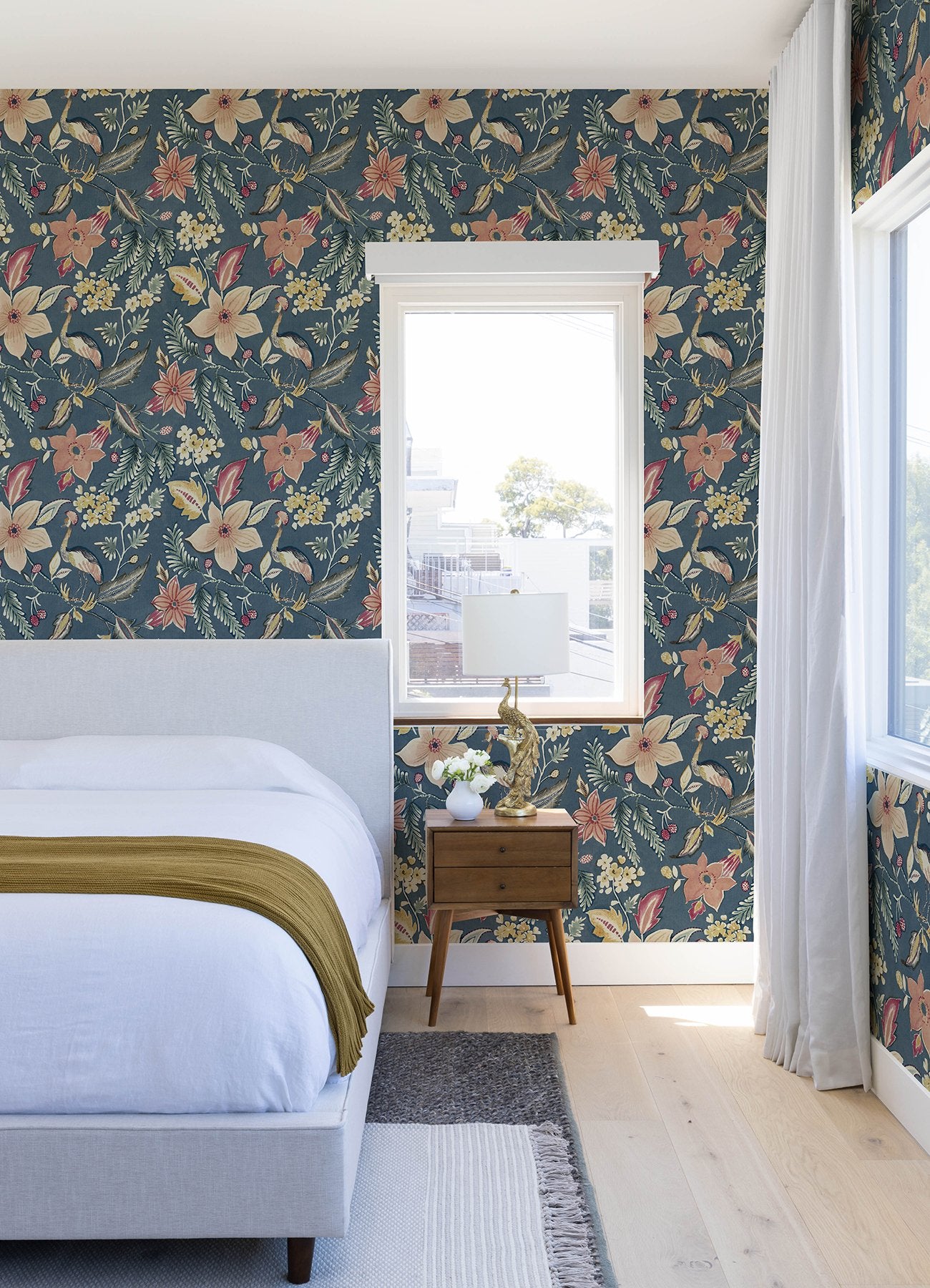 Crestwood Blue Crowned Crane Wallpaper with Modern Botanical Birds Motif - 4034-26790