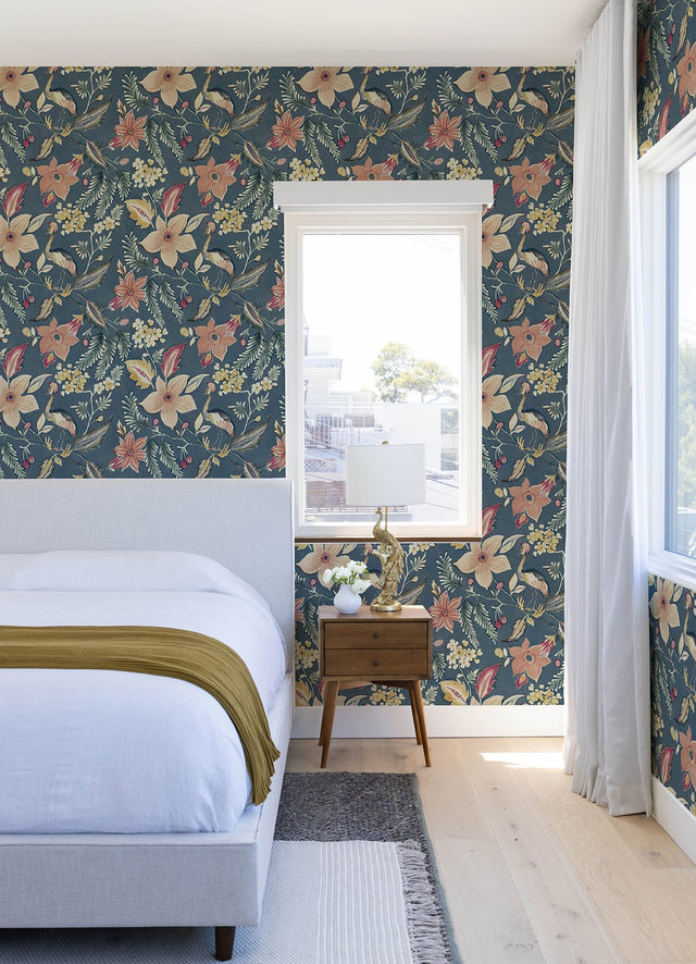 Crestwood Blue Crowned Crane Wallpaper with Modern Botanical Birds Motif - 4034-26790