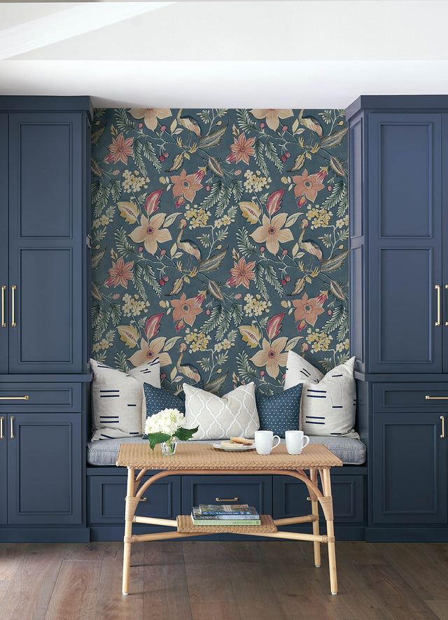 Crestwood Blue Crowned Crane Wallpaper with Modern Botanical Birds Motif - 4034-26790