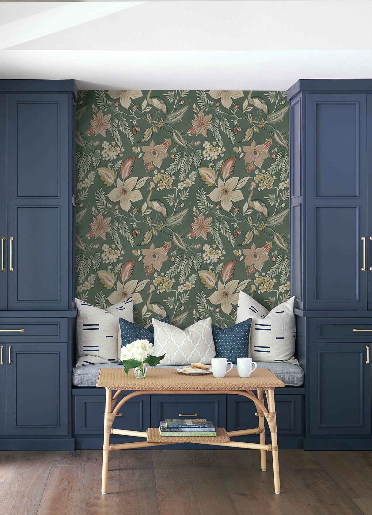 Crestwood Sea Green Crowned Crane Wallpaper with Botanical Birds Motif - Brewster 4034-26792