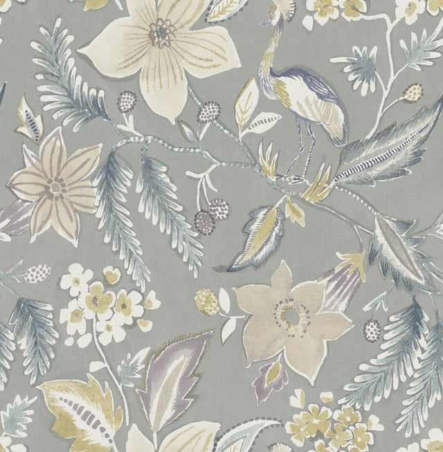 Crestwood Grey Crowned Crane Wallpaper with Botanical Birds Motif - A-Street Prints 4034-26793