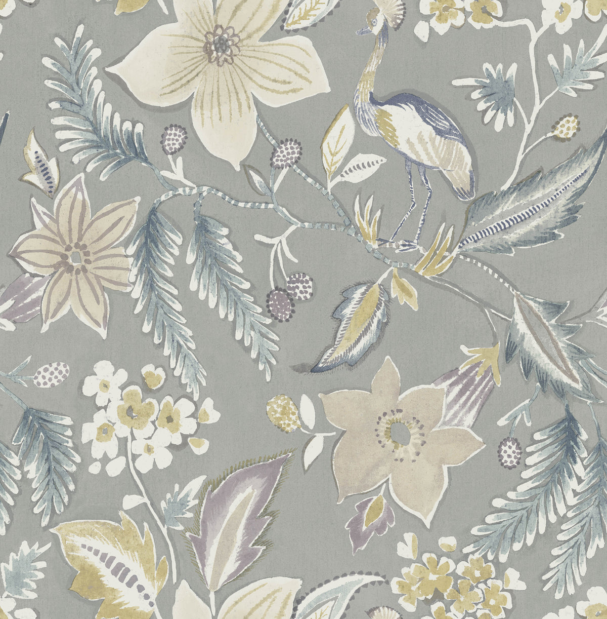 Crestwood Grey Crowned Crane Chinoiserie Botanical Wallpaper by A-Street Prints - FD26793