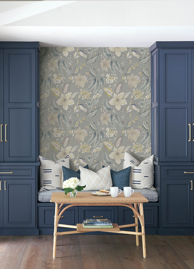Crestwood Grey Crowned Crane Wallpaper with Botanical Birds Motif - A-Street Prints 4034-26793