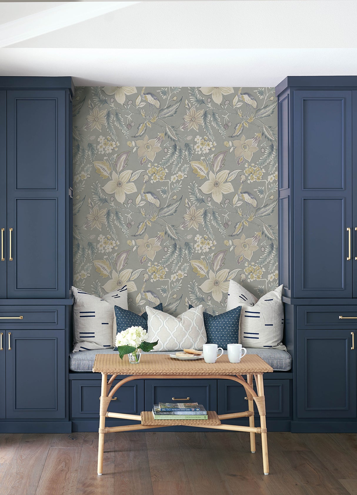 Crestwood Grey by A-Street Prints Crowned Crane Chinoiserie Botanical Floral Watercolor Non-Woven Wallpaper Roll - FD26793