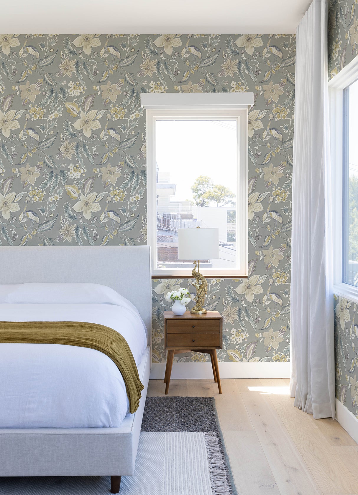 Crestwood Grey by A-Street Prints Crowned Crane Chinoiserie Botanical Floral Watercolor Non-Woven Wallpaper Roll - FD26793