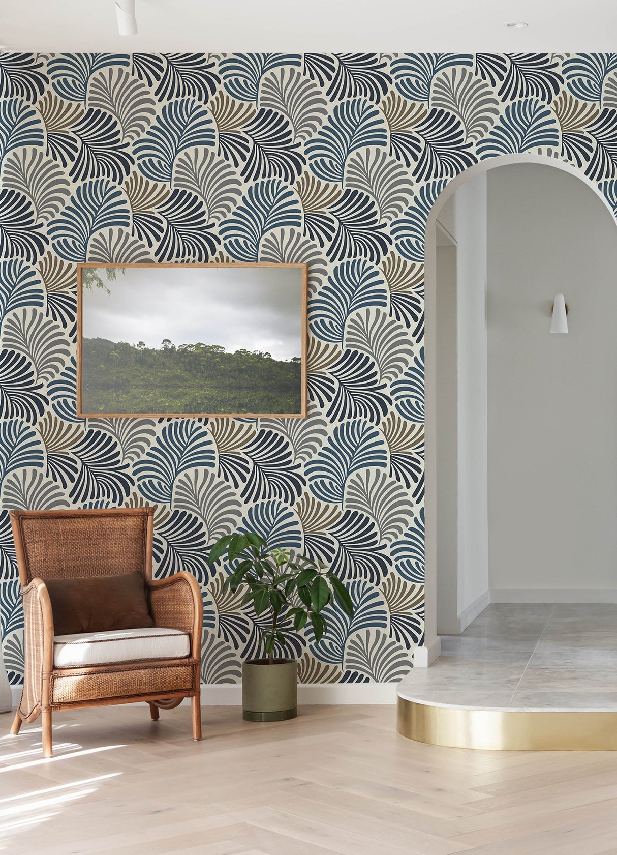 Trousdale Dark Blue Fanning Flora Wallpaper with Bohemian Botanical Leaf Motif - Brewster 4034-72124