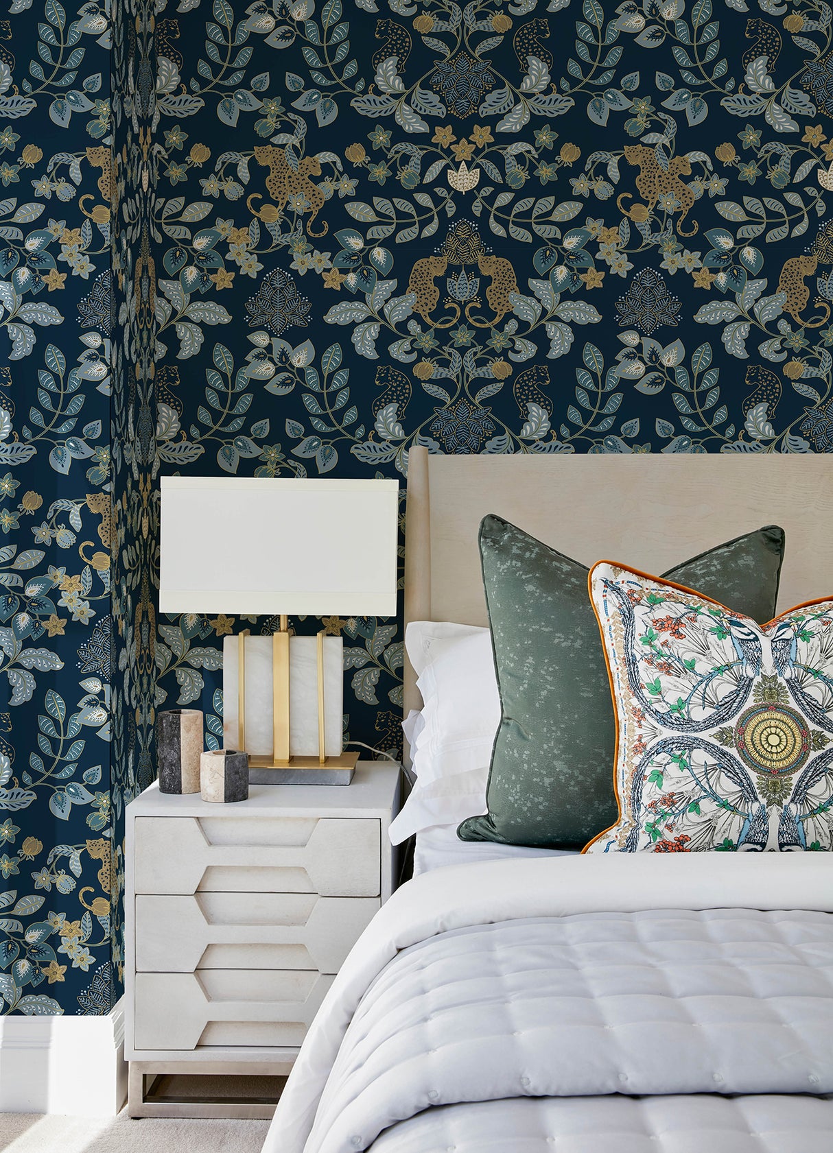 Getty Navy Jungle Damask Wallpaper in Navy and Gold by A-Street Prints Bohemian Leopard Jungle Animal Floral Damask Wallpaper - YK72133