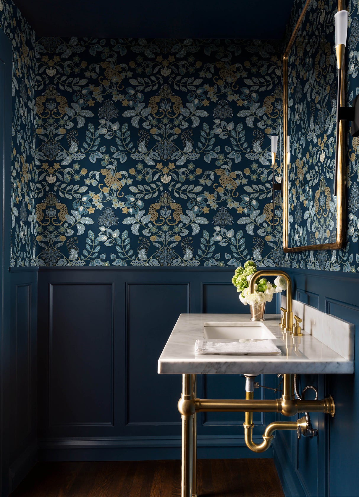 Getty Navy Jungle Damask Wallpaper in Navy and Gold by A-Street Prints Bohemian Leopard Jungle Animal Floral Damask Wallpaper - YK72133
