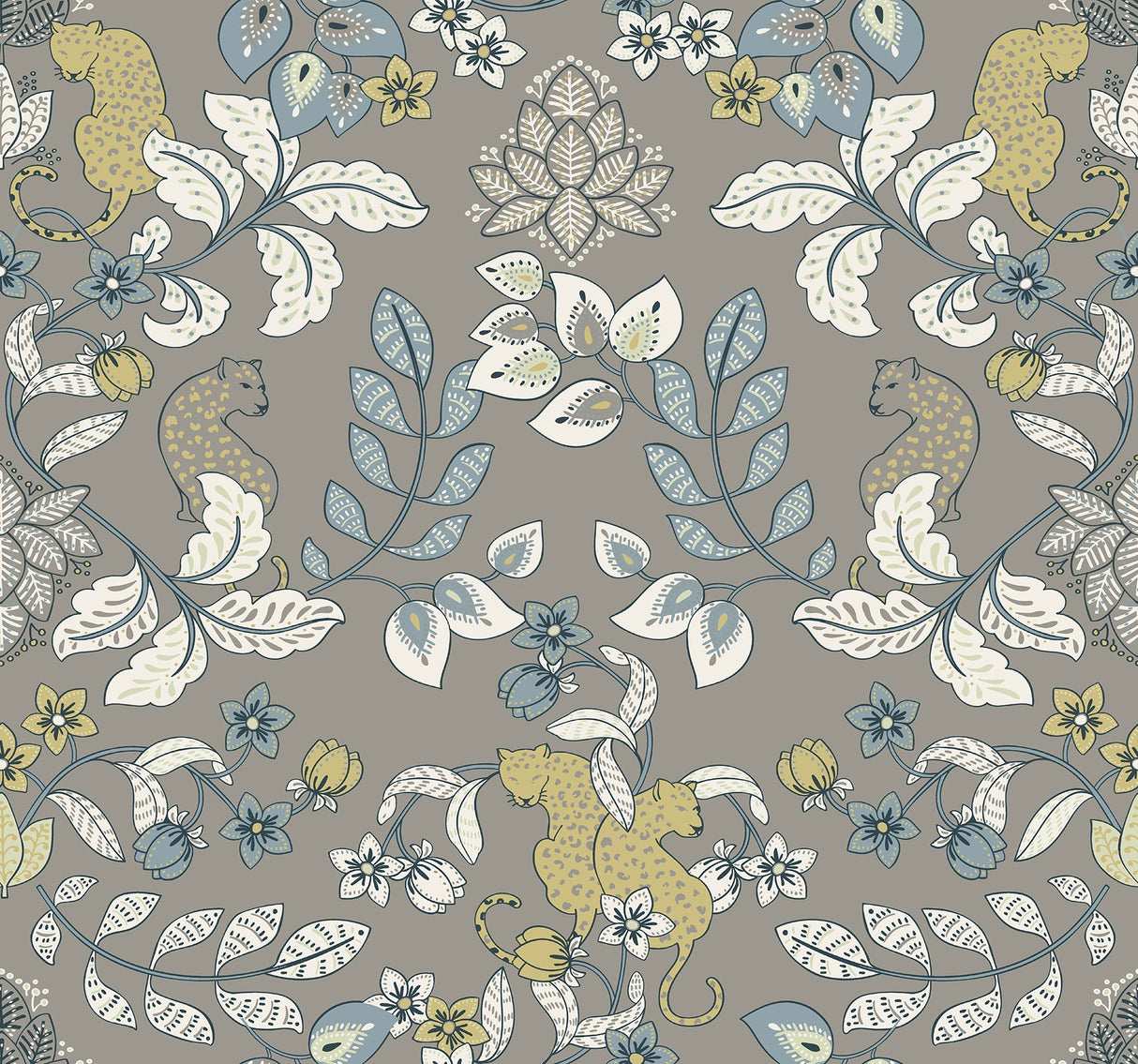 Getty Grey Jungle Damask Wallpaper with Bohemian Animal Motif - Brewster 4034-72134