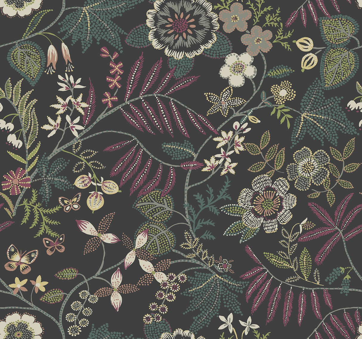 Marilyn Black Floral Trail Wallpaper with Botanical Modern Pattern - Brewster 4034-72138