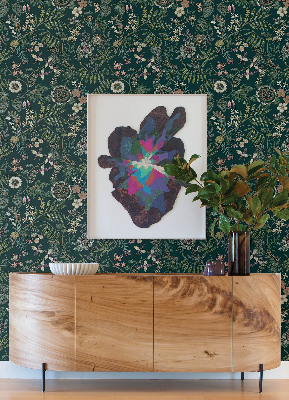 Marilyn Green Floral Trail Wallpaper by A-Street Prints Modern Botanical Embroidery Style Floral Design in Rich Greens and Pinks - YK72139