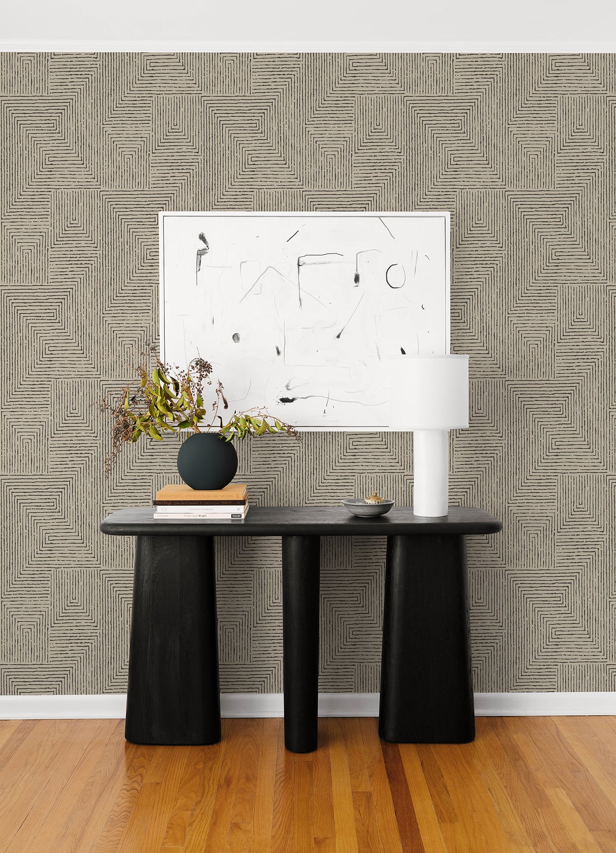 Mortenson Taupe and Black Geometric Cork Wallpaper by A-Street Prints Scott Living III Unpasted Modern Maze Design 27-in x 27-ft - YK72140