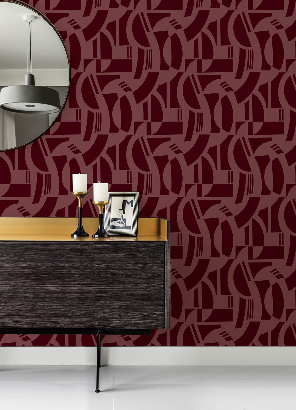 Carter Burgundy Geometric Flock Wallpaper, Modern Graphics Pattern, 20.5-in Width by 33-ft Length, Non Woven Unpasted by A-Street Prints - SP87380