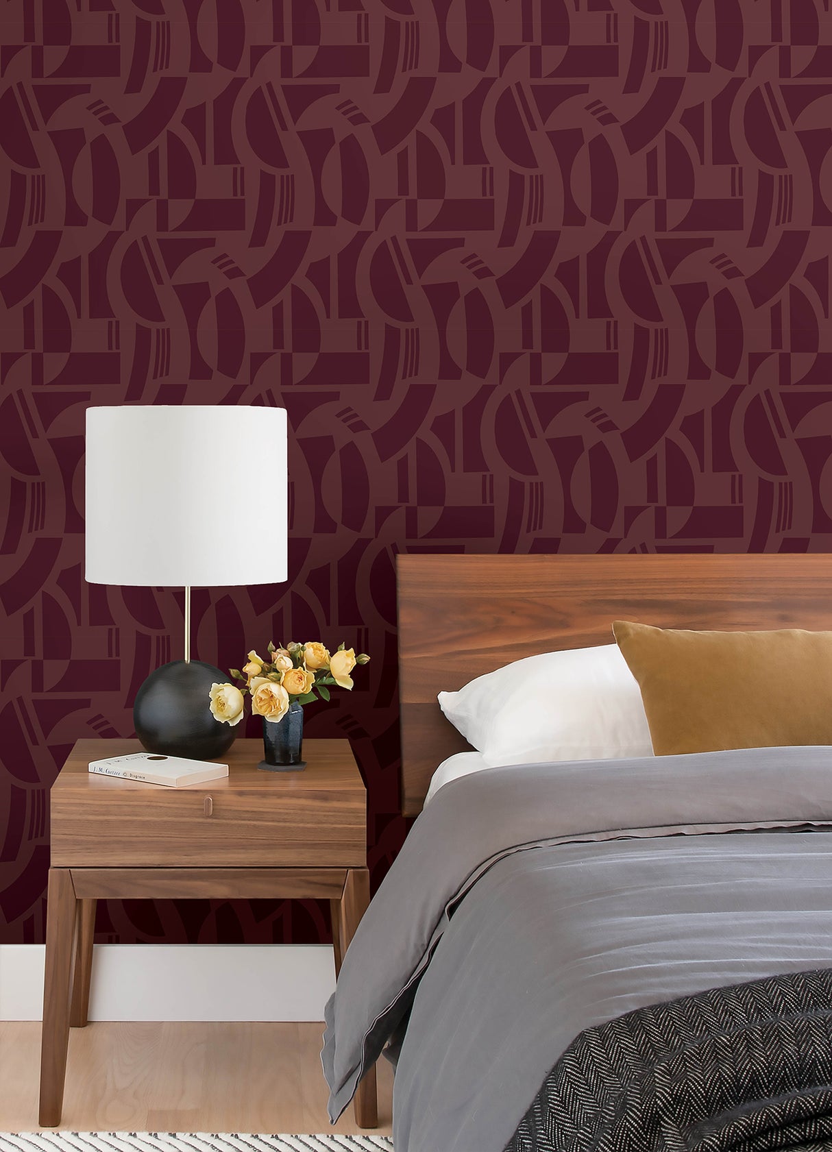 Carter Burgundy Geometric Flock Wallpaper, Modern Graphics Pattern, 20.5-in Width by 33-ft Length, Non Woven Unpasted by A-Street Prints - SP87380