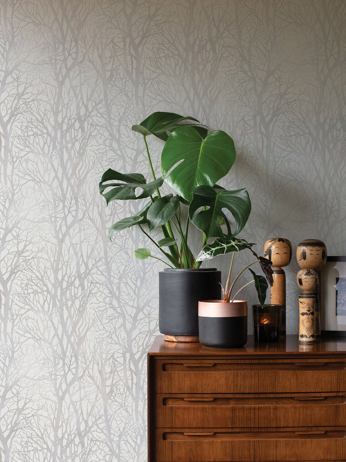 Yasuo Cream Tree Branch Wallpaper with Metallic Botanical Tree Silhouette - Advantage 4035-30094-1