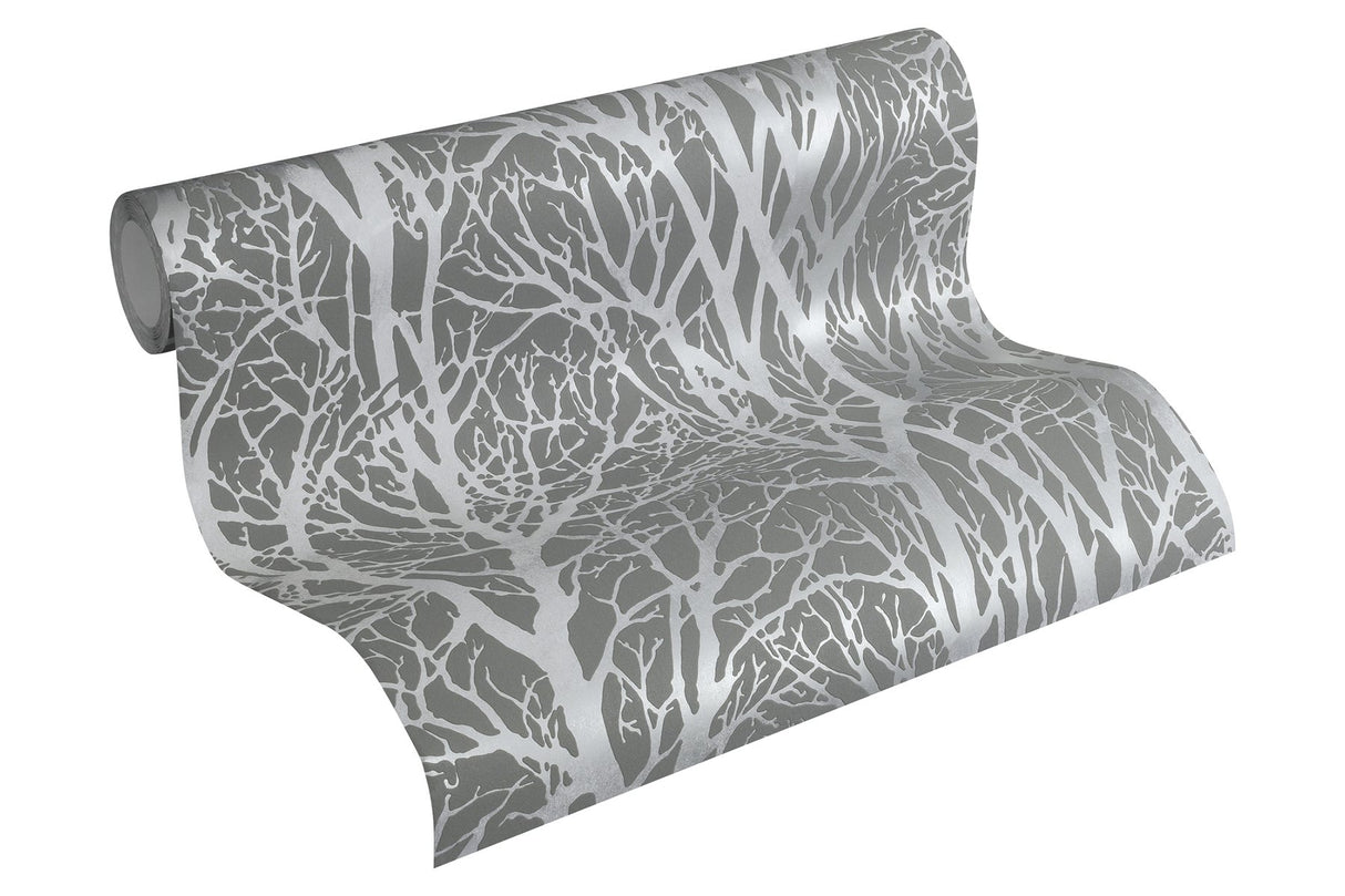 Yasuo Grey Tree Branch Wallpaper with Metallic Silver Botanical Tree Motif - Advantage 4035-30094-3