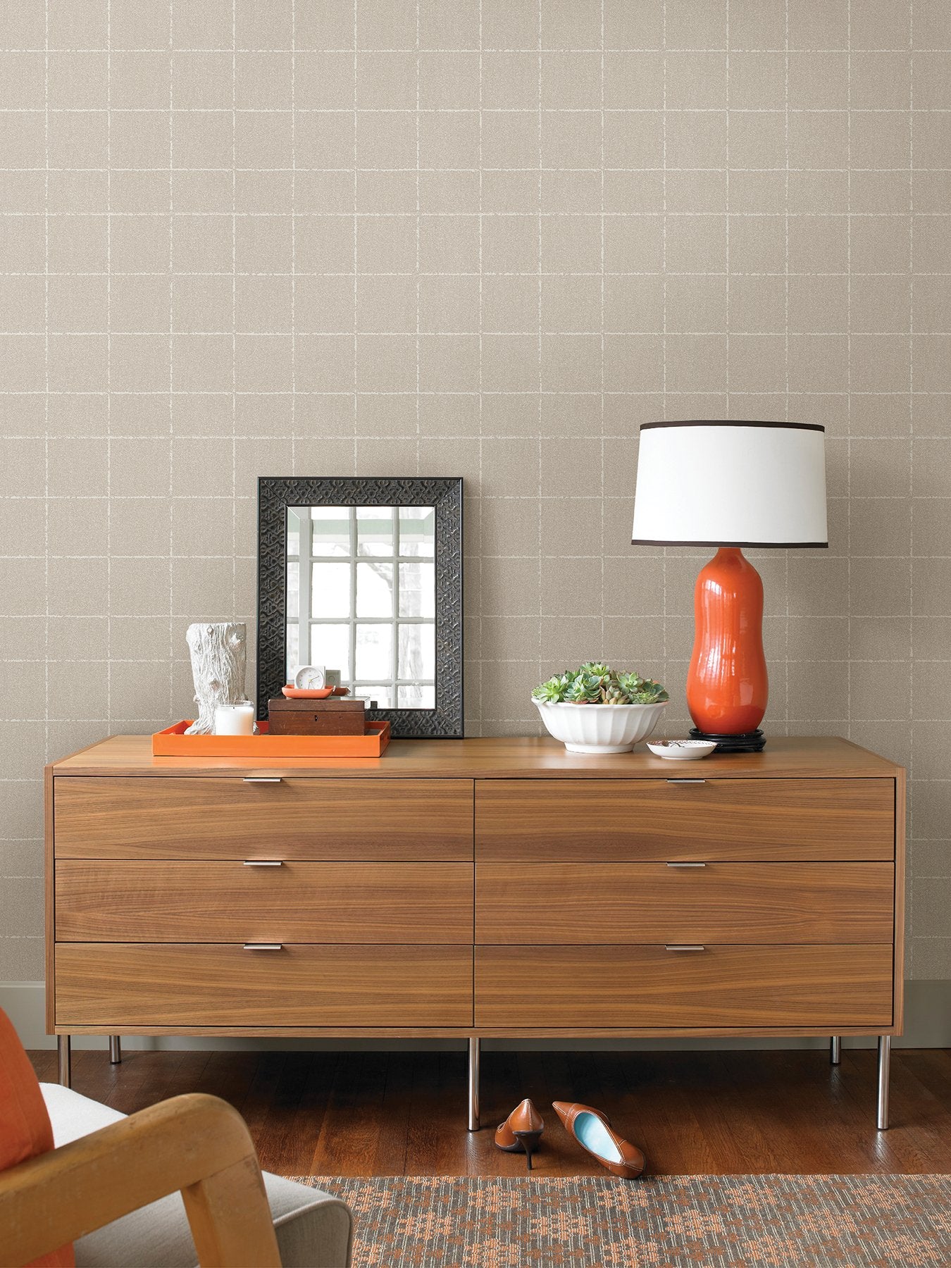 Kishi Neutral Tile Wallpaper with Textured Raised Ink Grid - Brewster 4035-37551-4