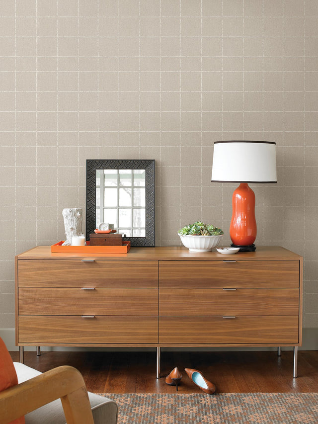 Kishi Neutral Tile Wallpaper with Textured Raised Ink Grid - Brewster 4035-37551-4