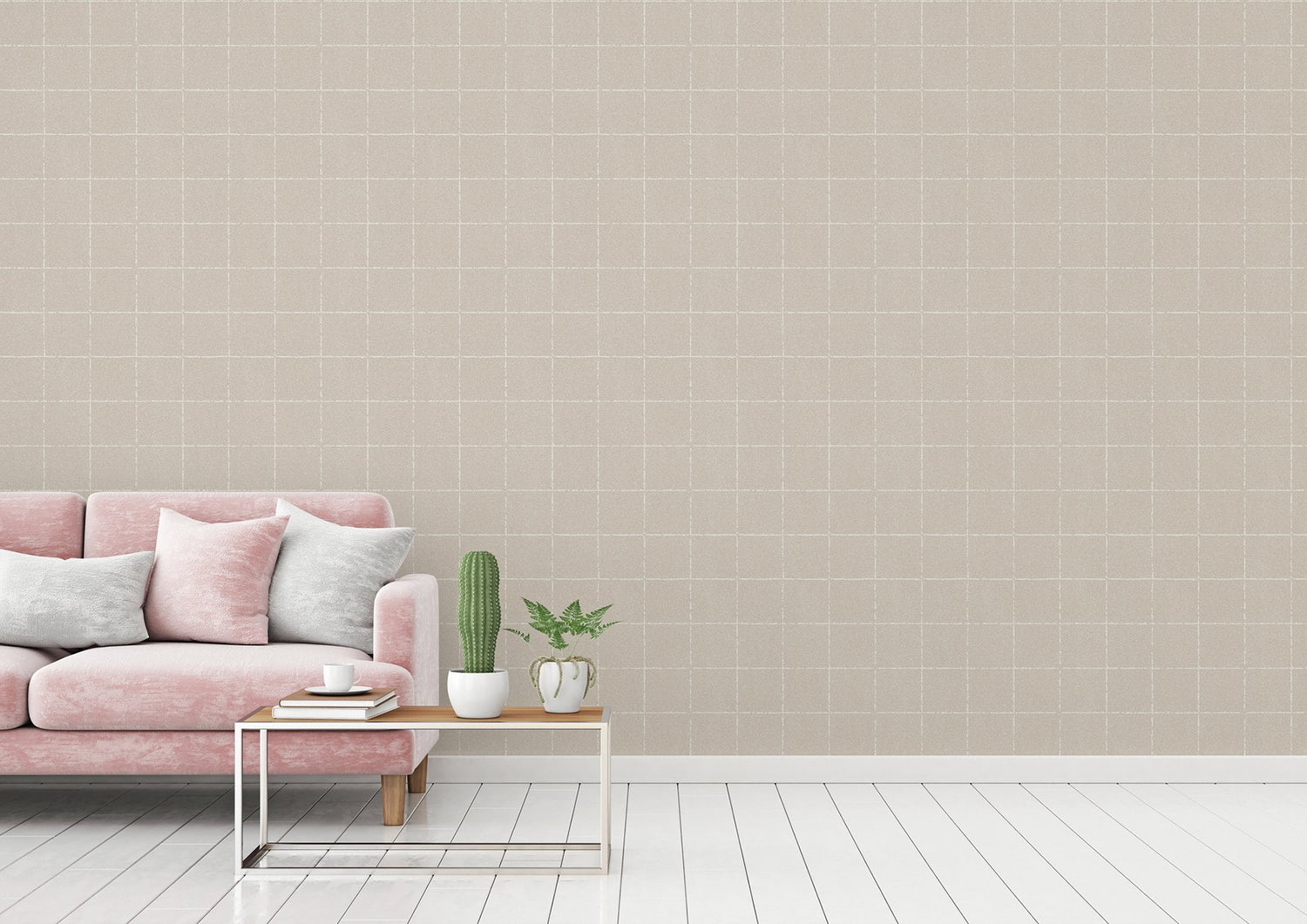 Kishi Neutral Tile Wallpaper with Textured Raised Ink Grid - Brewster 4035-37551-4