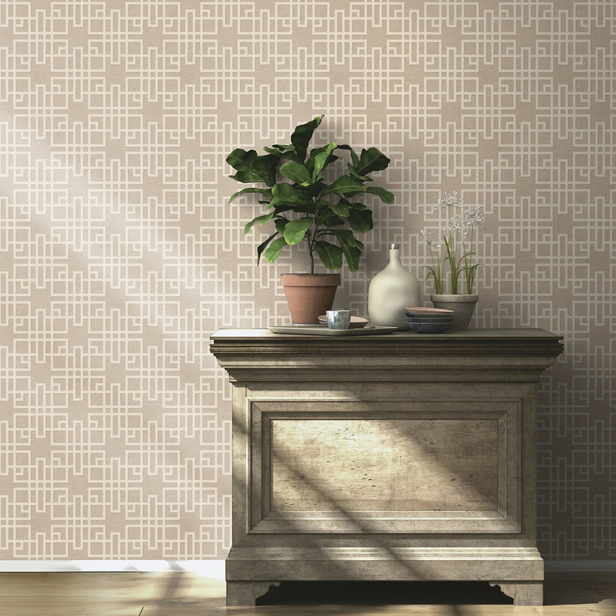 Mana Beige Trellis Textured Wallpaper with Modern Geometric Lattice - Advantage 4035-409246