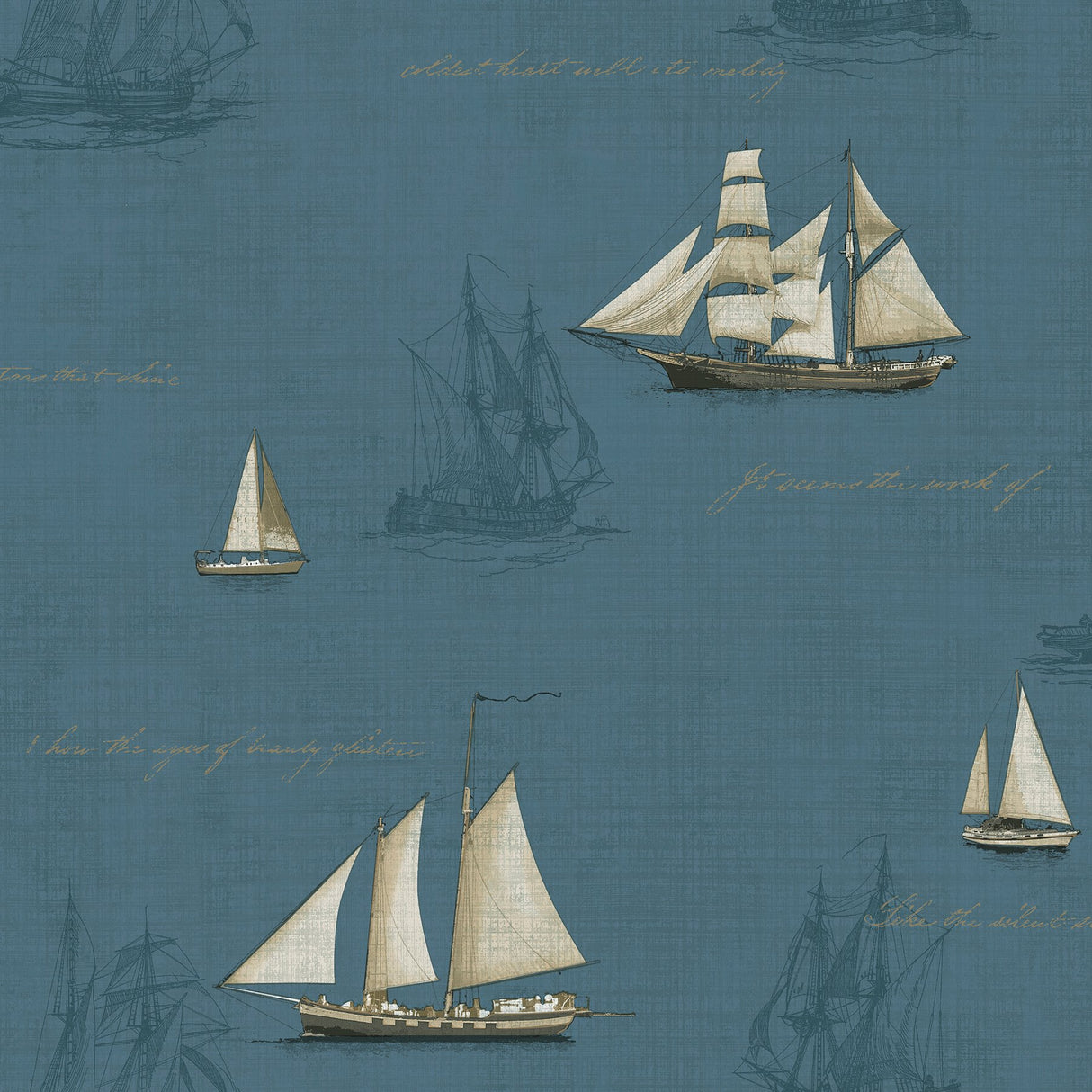 Andrew Blue Sailboat Wallpaper with Metallic Script Motif - Advantage 4041-01701
