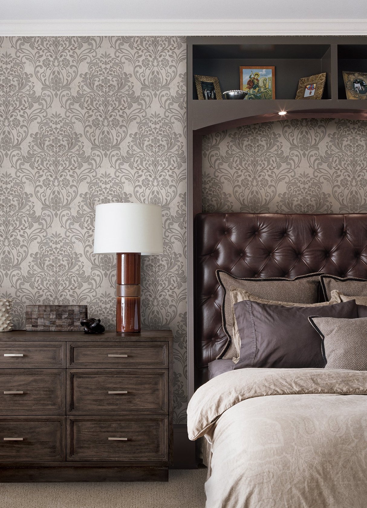 Anders Gold Damask Wallpaper with Metallic Raised Ink - Brewster 4041-32603