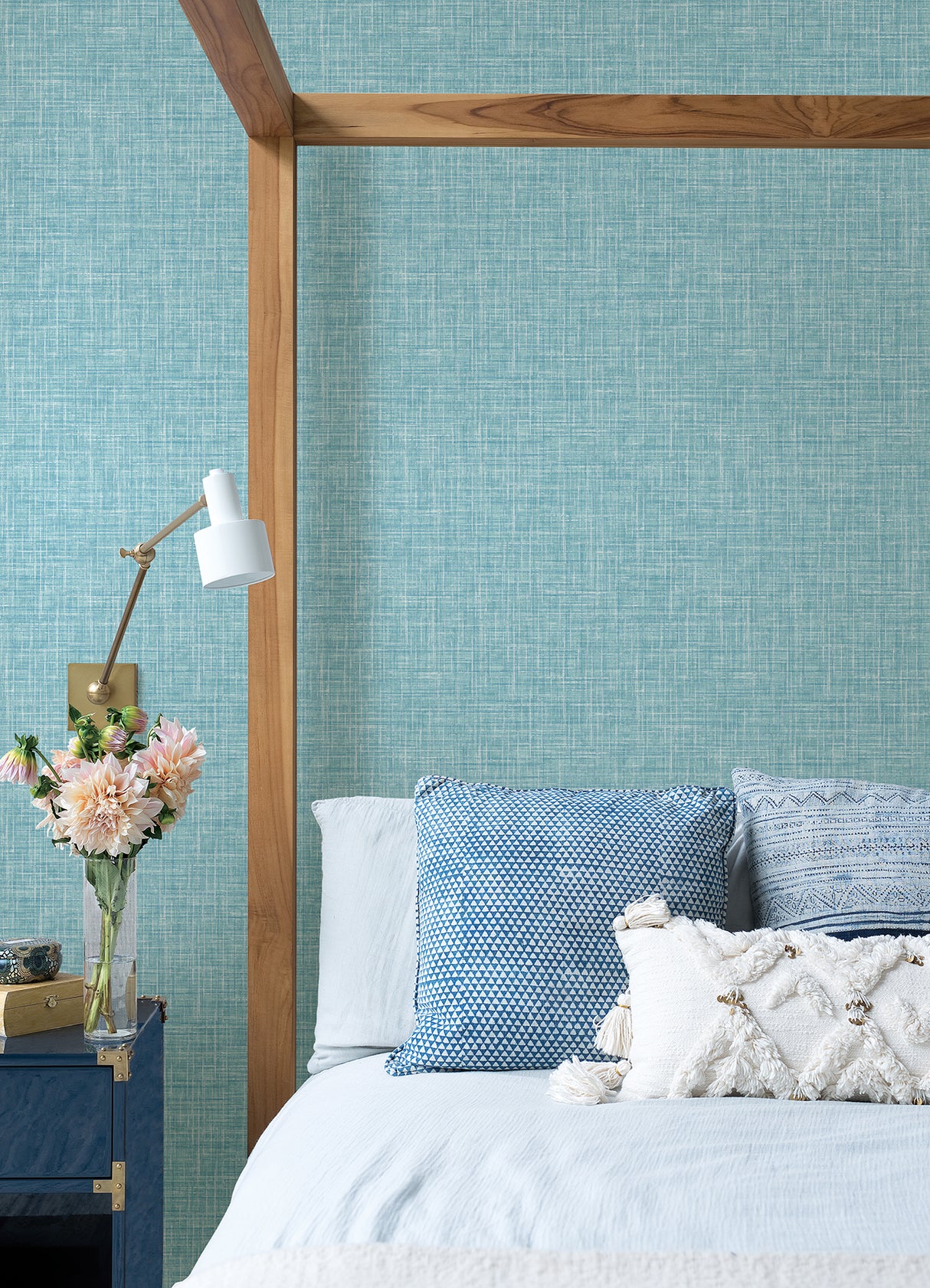 Emerson Aqua Linen by A-Street Prints Transitional Blue Faux Linen Fabric Texture Non Woven Unpasted Strippable Washable Wallpaper - FD26352