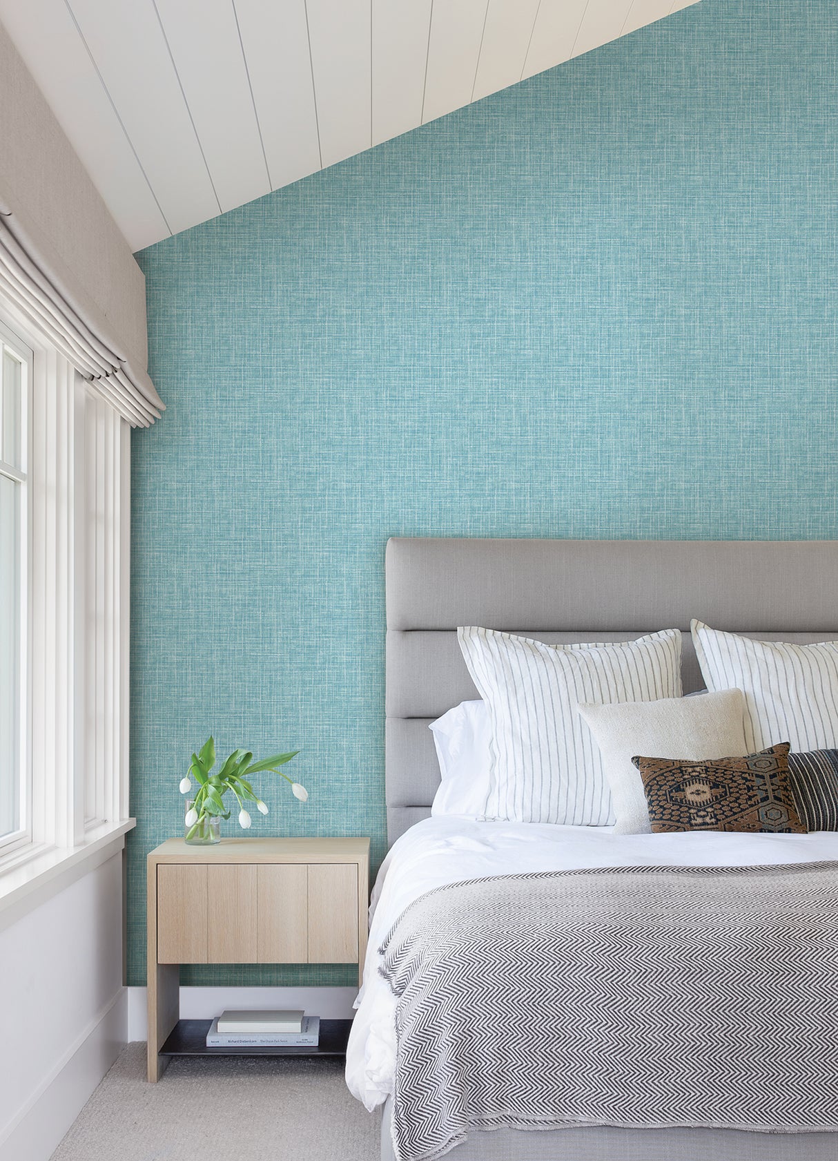 Emerson Aqua Linen by A-Street Prints Transitional Blue Faux Linen Fabric Texture Non Woven Unpasted Strippable Washable Wallpaper - FD26352