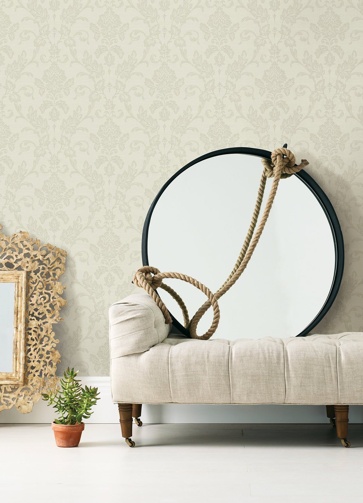 Antonella Silver Scroll Traditional Vinyl Damask Wallpaper - Sirpi 4058-21786