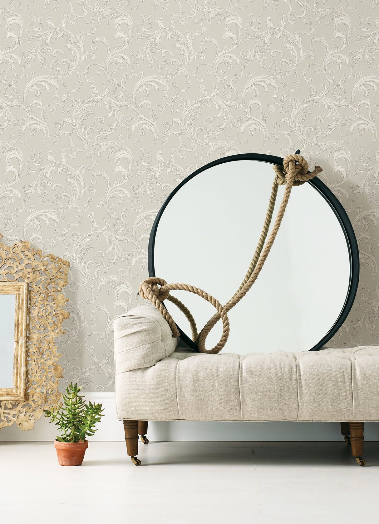 Noemi Silver Acanthus Wallpaper with Metallic Raised Ink Scrolls - Sirpi 4058-24834