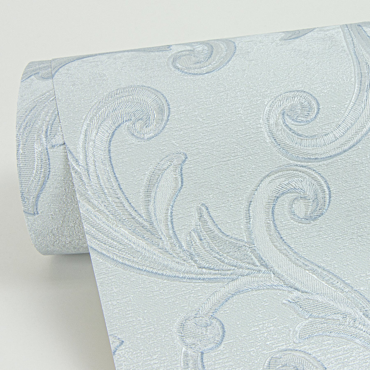 Noemi Light Blue Acanthus Wallpaper with Metallic Raised Ink Scrolls - Sirpi 4058-24836
