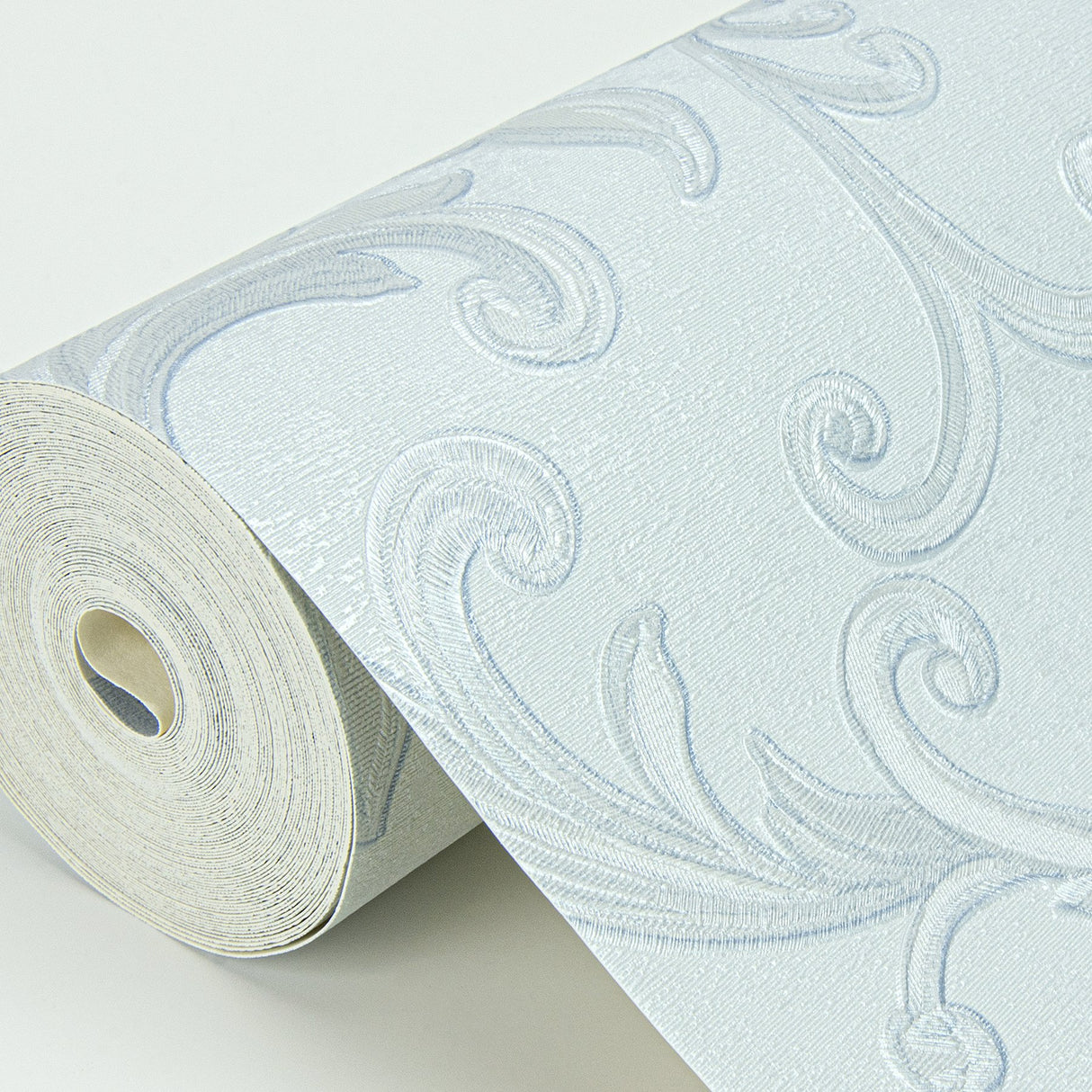 Noemi Light Blue Acanthus Wallpaper with Metallic Raised Ink Scrolls - Sirpi 4058-24836