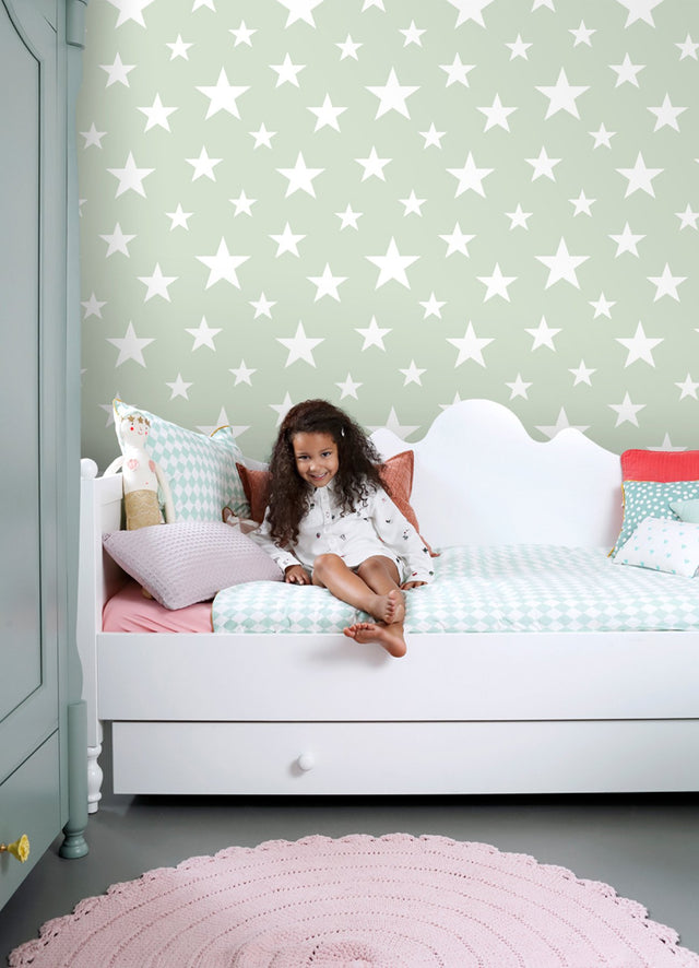 Amira Sage Stars Wallpaper with Kids Graphic Star Motif - Brewster 4060-128865