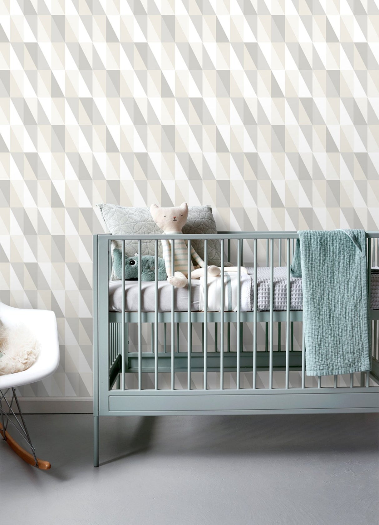 Inez Neutral Geometric Wallpaper with Metallic Silver Triangle Pattern - Chesapeake 4060-138922