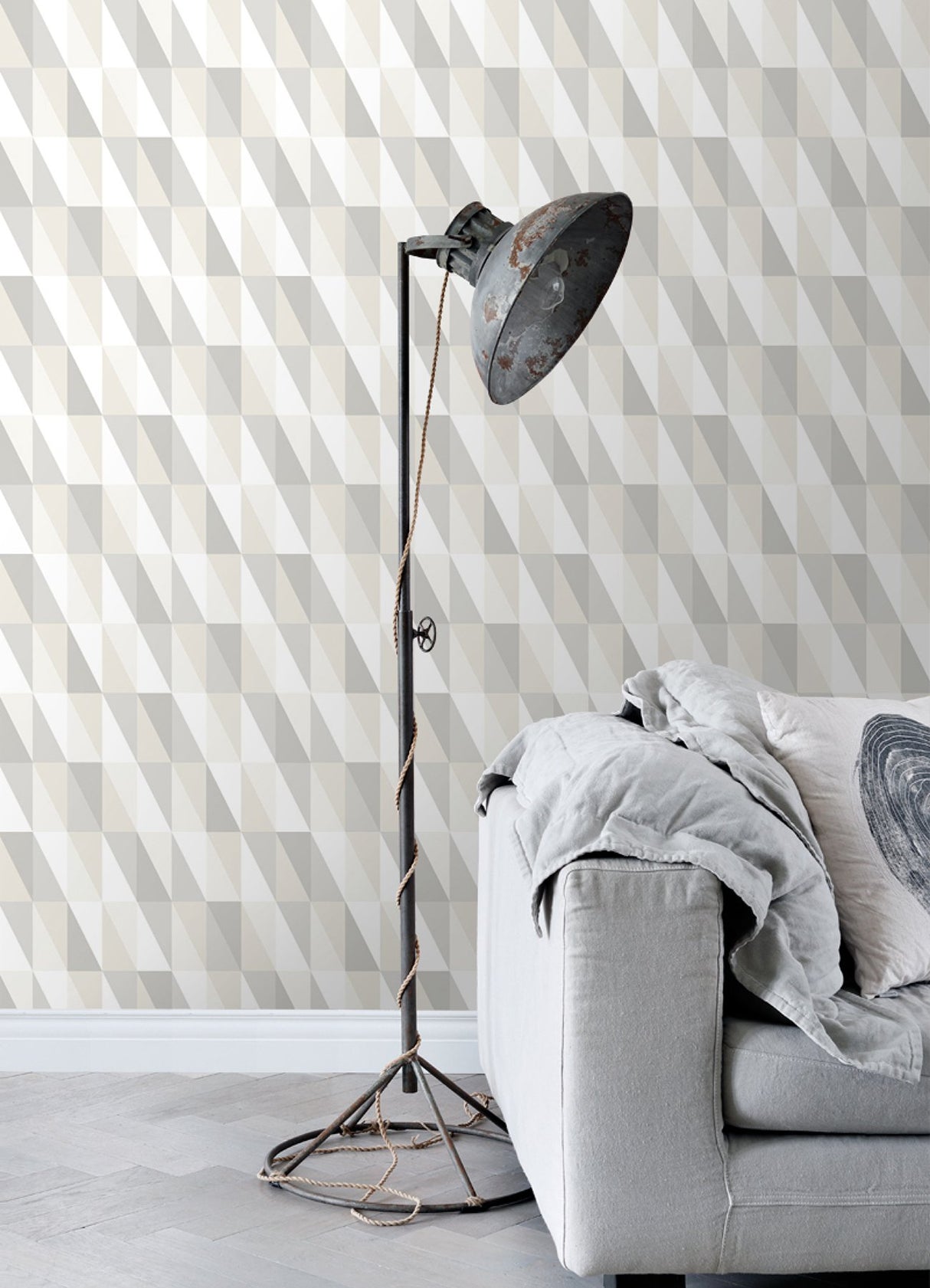 Inez Neutral Geometric Wallpaper with Metallic Silver Triangle Pattern - Chesapeake 4060-138922