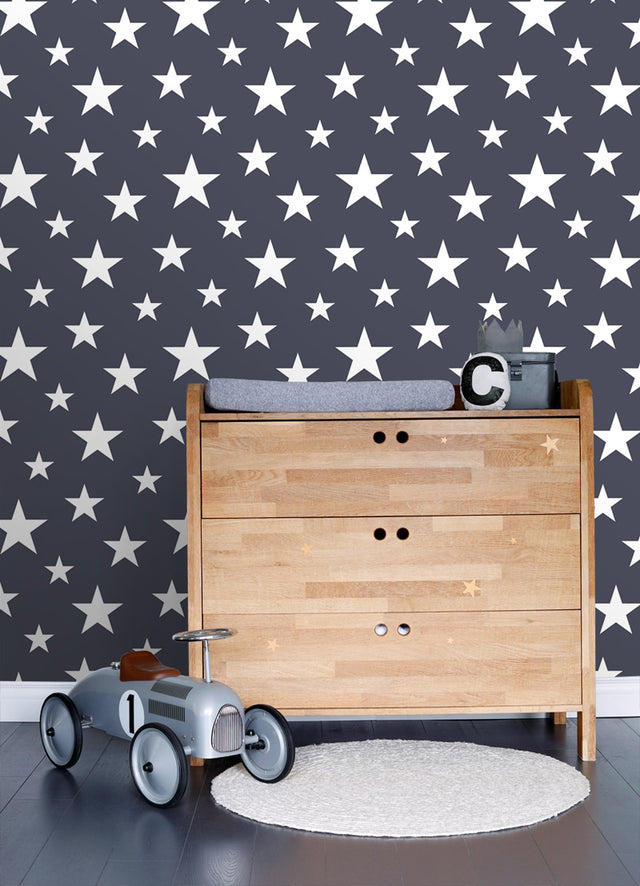 Amira Navy Stars Wallpaper with Kids Graphic Star Motif - Brewster 4060-138933