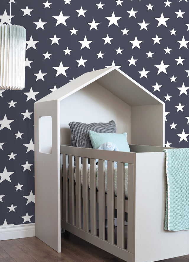 Amira Navy Stars Wallpaper with Kids Graphic Star Motif - Brewster 4060-138933