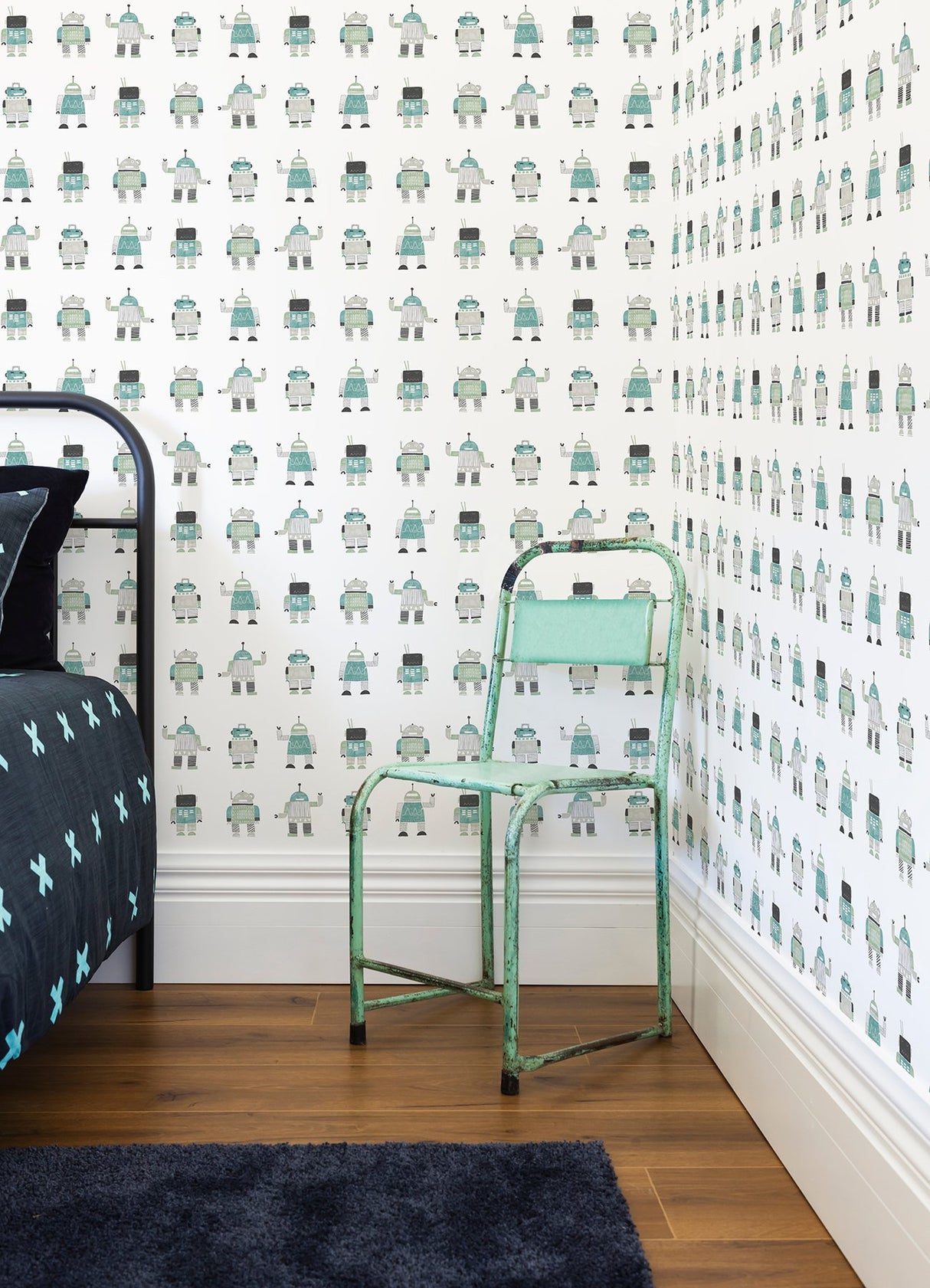 Callum Teal Robots Wallpaper with Kids Novelty Graphic Pattern - Chesapeake 4060-138938