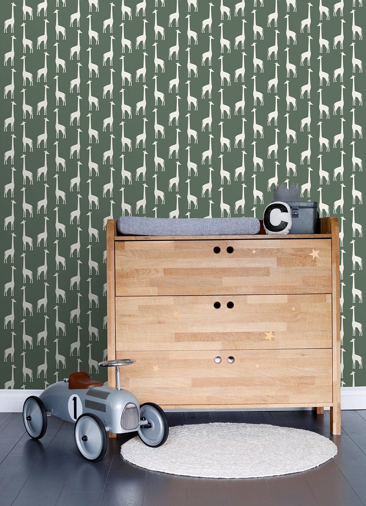Vivi Green Giraffe Wallpaper with Cream Animal Silhouette Pattern - Chesapeake 4060-139060