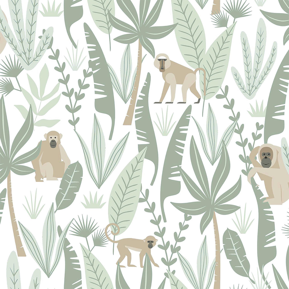 Kiki Light Green Monkeys Wallpaper with Jungle Botanical Pattern - Chesapeake 4060-139071