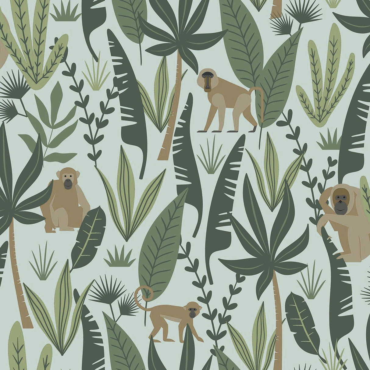 Kiki Green Monkeys Wallpaper with Jungle Leaf Pattern - Chesapeake 4060-139073