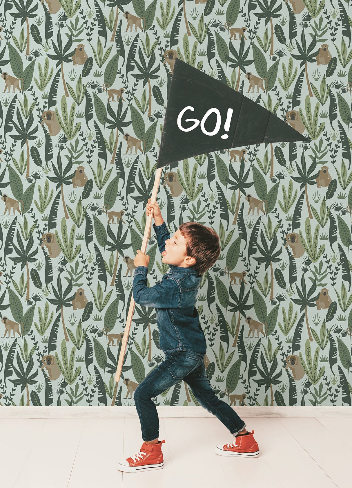 Kiki Green Monkeys Wallpaper with Jungle Leaf Pattern - Chesapeake 4060-139073
