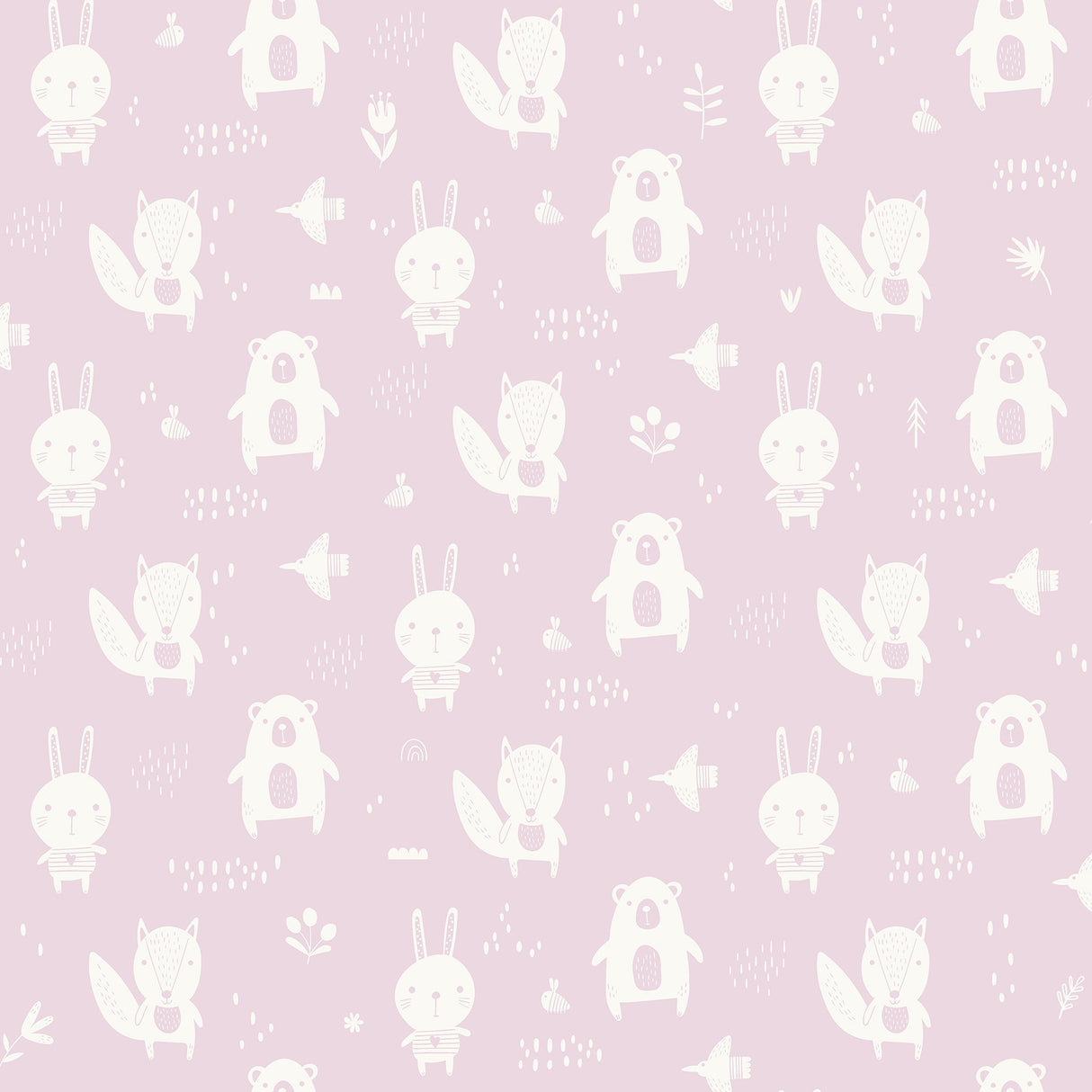 Bitsy Pink Woodland Wallpaper with White Cartoon Animal Motif - Chesapeake 4060-91303